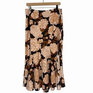 WHO WHAT WEAR Black Brown Floral Bias Cut Midi Slip Skirt 12 Silky Slit Fall